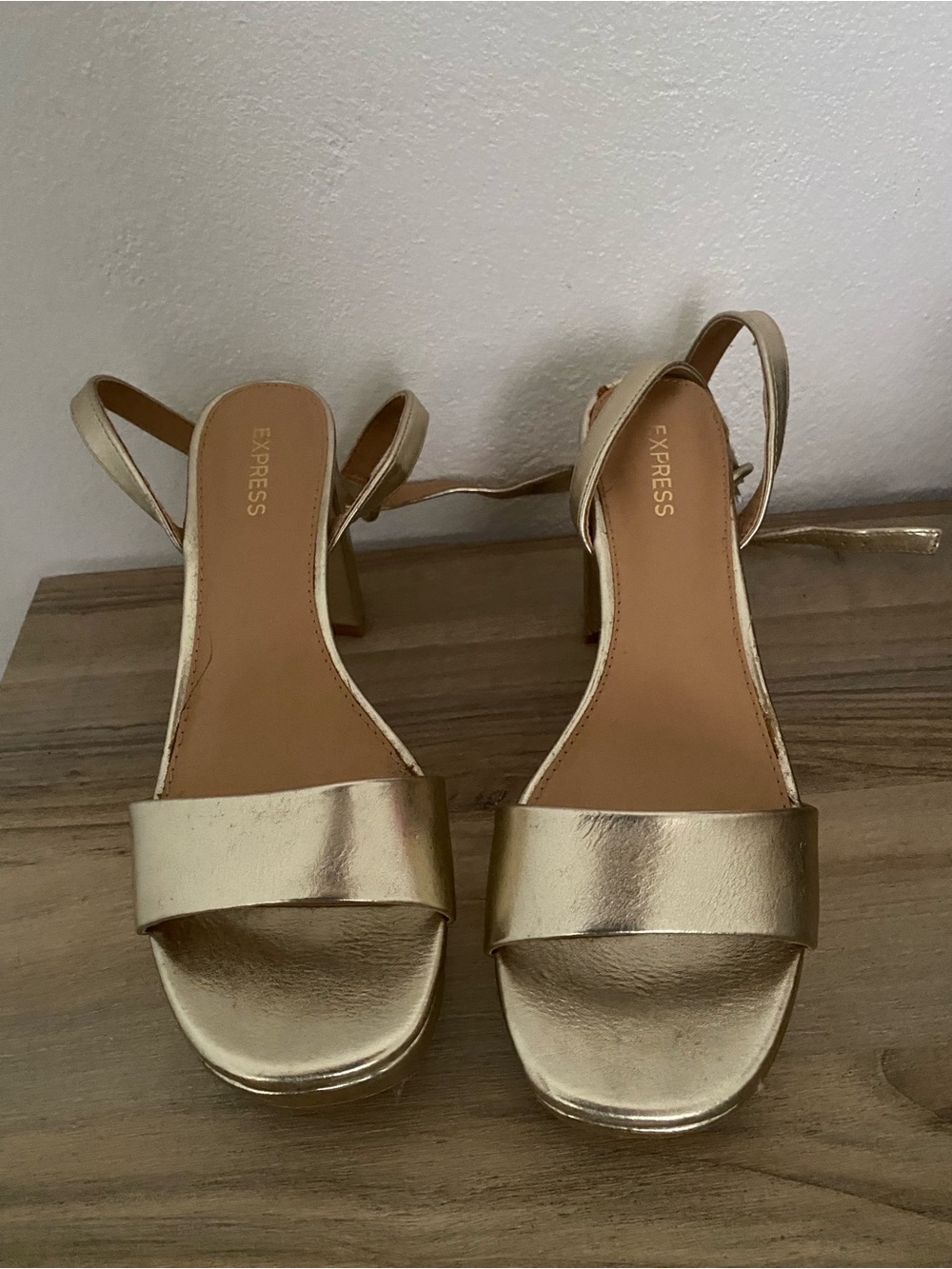 Express Metallic Gold Block Heel Sandals